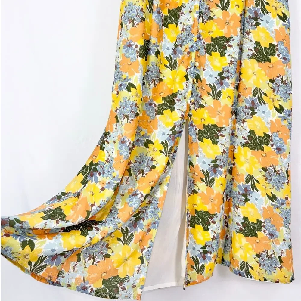 Abercrombie & Fitch Floral Gathered Front Midi Dress Women's Large Yellow - Picture 7 of 16